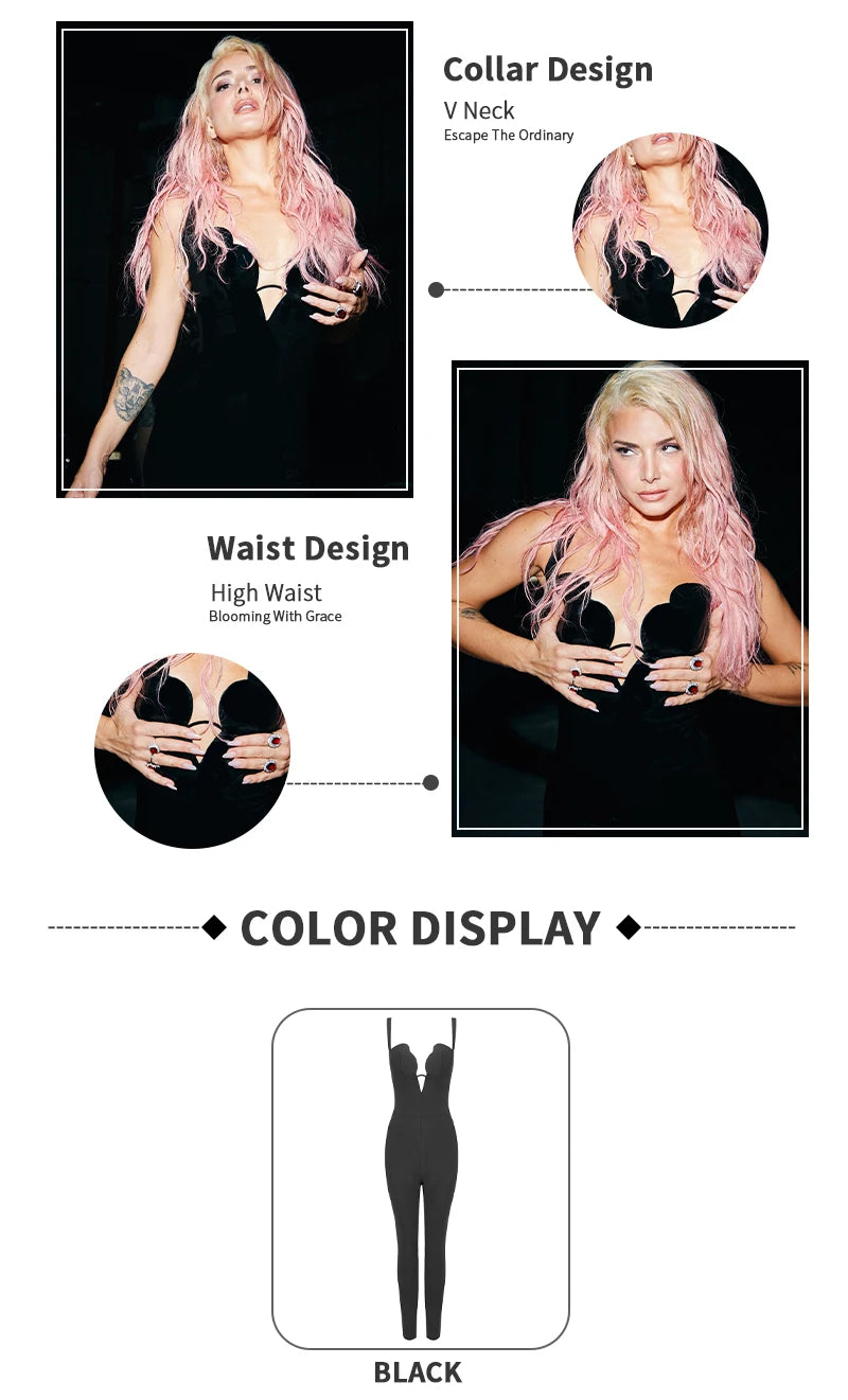 Schwarzer ärmelloser V-Ausschnitt-Jumpsuit mit Bandage-Oberteil und Cut-Out-Details – Abend- und Cocktailparty-Outfit