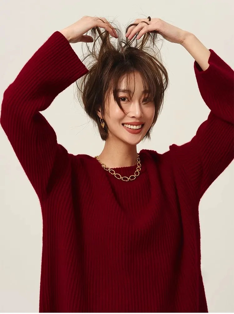 Rollkragenpullover 100% Kaschmir Pullover Damen lose verdickend Anti-Aging Nische Vintage Roter Rundhals-Pullover Damen Langarm