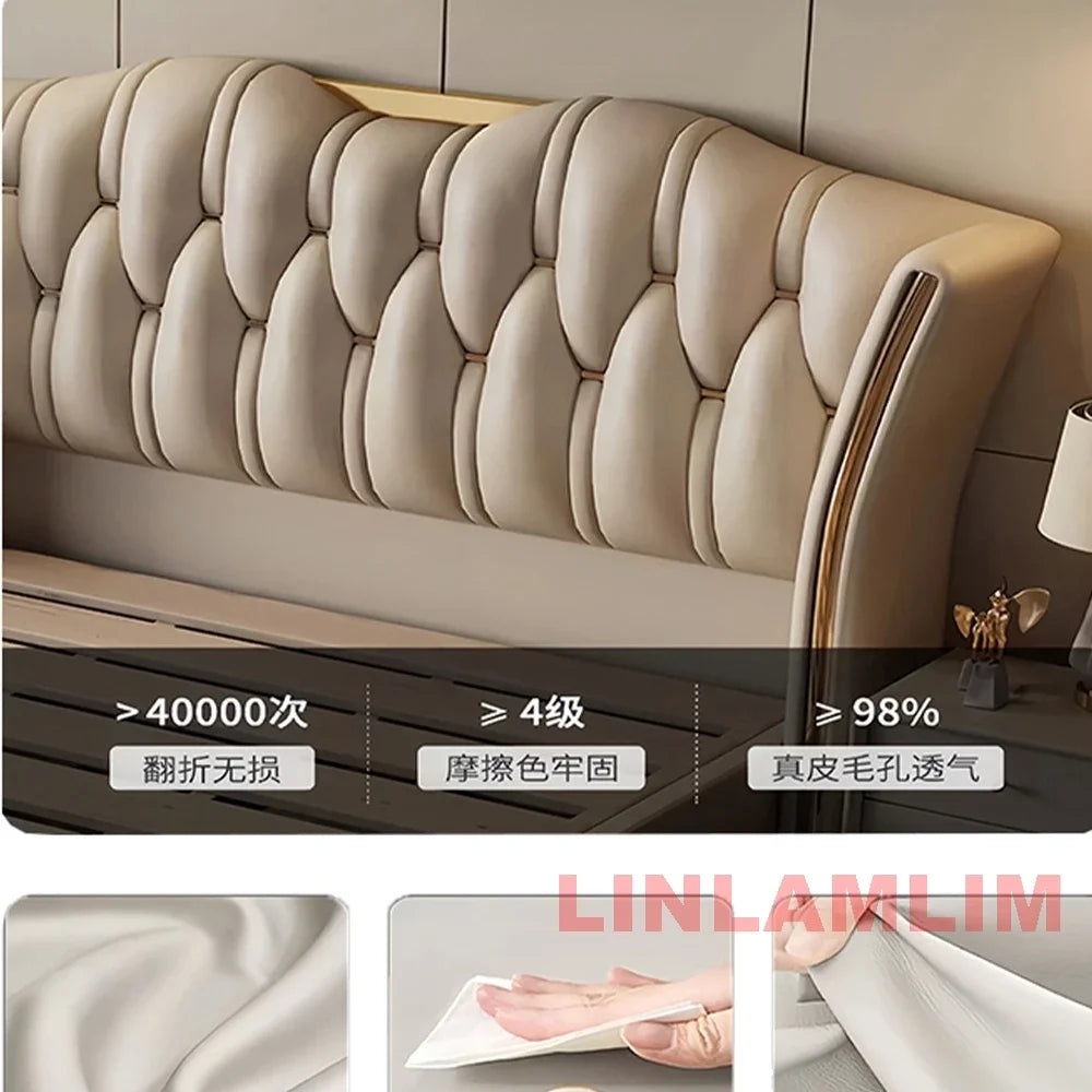 MINGDIBAO Luxuriöses, modernes Polsterbettgestell mit Goldakzenten, Designer-Bett aus echtem Leder, Schlafzimmermöbel in Queen-/King-Size