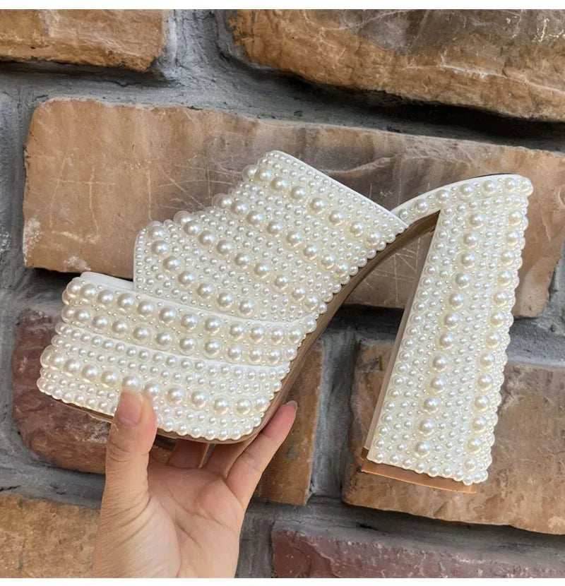 Luxuriöse handgefertigte Plateau-Keilsandalen mit Vollstrassteinen für Damen, modische Sommer-High-Heels, Pantoletten, klobige Schuhe