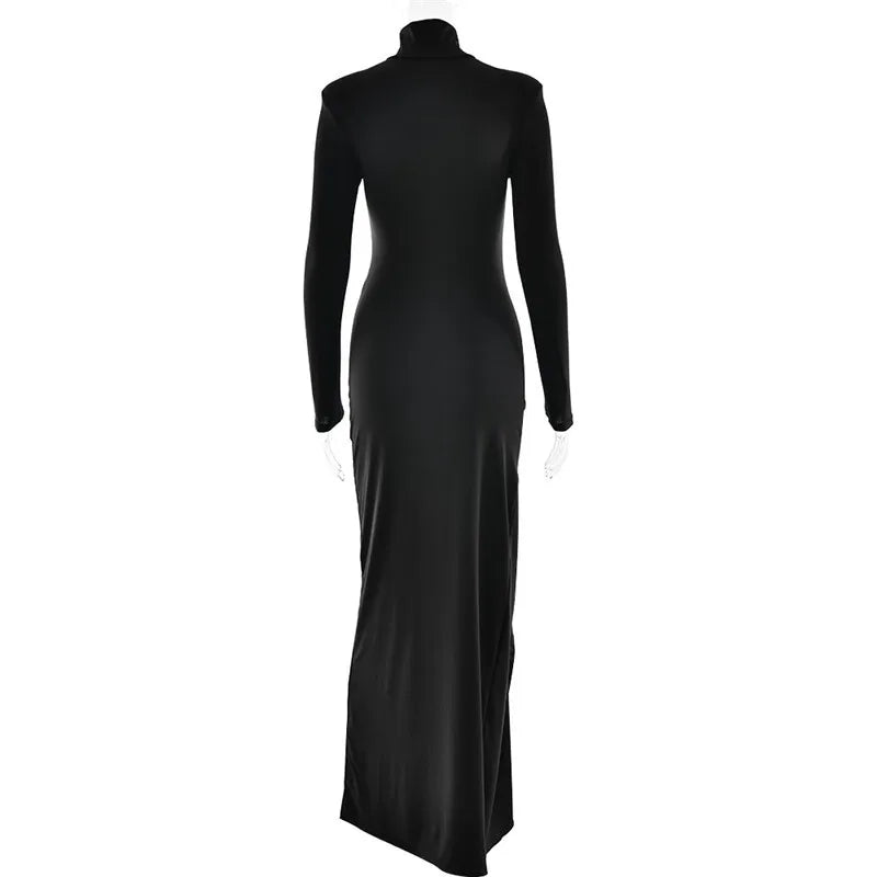 Mozision Rollkragen Oberschenkelhohes Schlitz Sexy Maxikleid für Damen Mode Langarm Drapierte Bandage Bodycon Club Langes Kleid