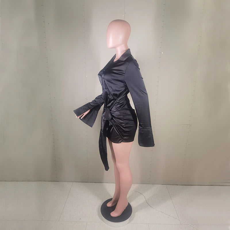 2023 Elastic Elegant Single Breasted Dress Retro Lapel Satin Tight-fitting High Waist Wrap Hips Ruched Short Dress Sexy Clubwear