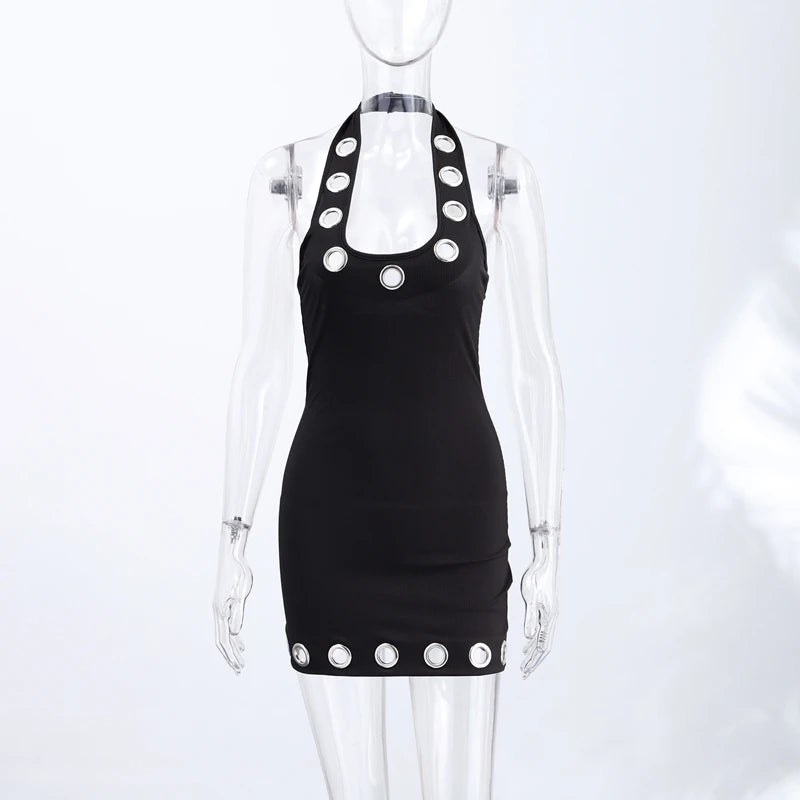 Sexy Halter Metal Ring Cutout Dress Women's O-neck Sleeveless Bodycon Mini Dresses 2026 Summer New Lady Fashion Edgy Party Wear