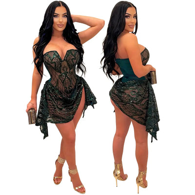 CM.YAYA Damen Trägerloses V-Ausschnitt Mode Pailletten Sexy Kleid Mesh Durchsichtig 2024 Sommer Nachtclub Abendparty Minikleider