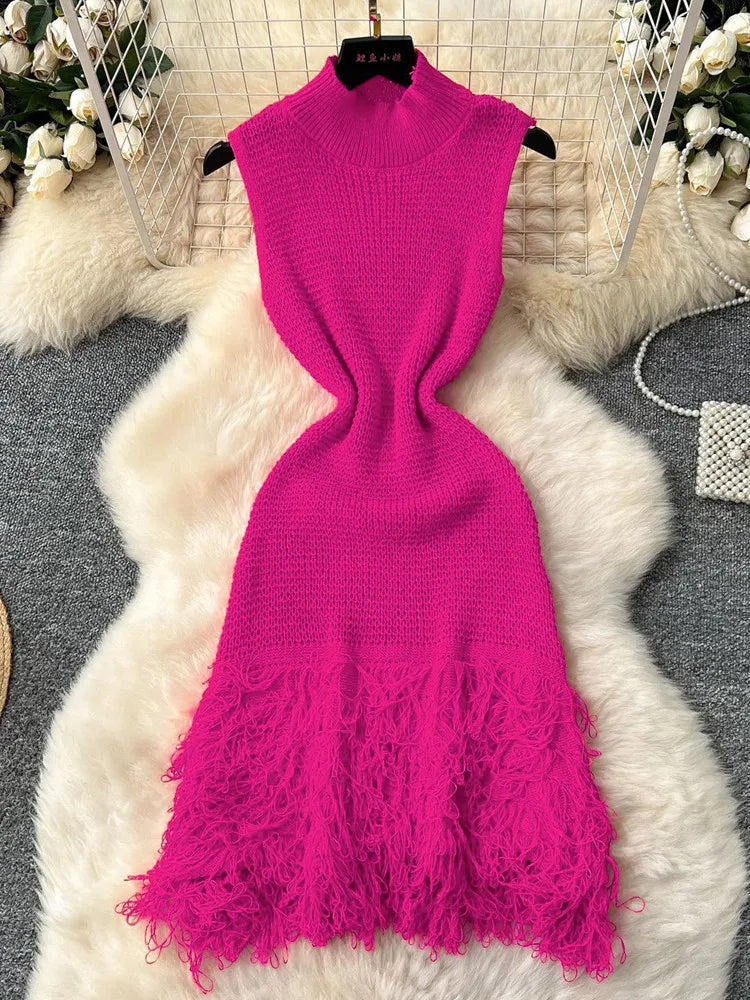 Joskaa 2025 Summer Women Elegant Round Neck Sleeveless Tassels Hem Bodycon Mini Knitted Dress Holiday Beach Party Clubwear