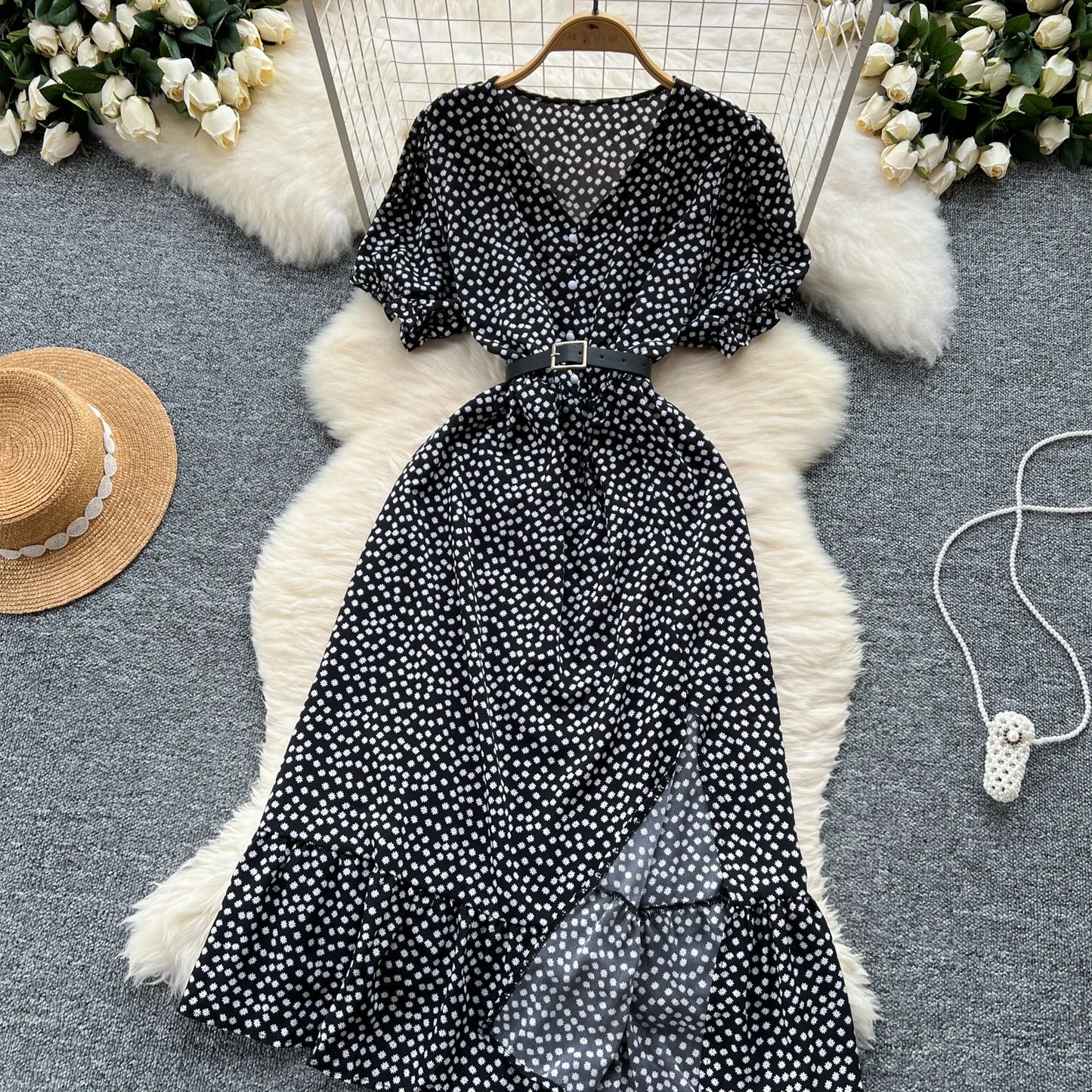 Sommer Plissiert Damen Knopfkleider Lässige Strandurlaub Kurzarm V-Ausschnitt Damen Midikleid Böhmische Mujer Vestidos