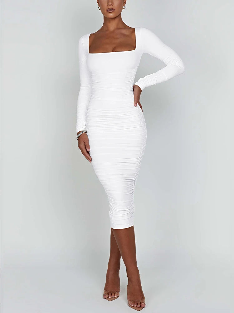 Herbst und Winter Damen Sexy Bodycon Kleid Quadratischer Ausschnitt Langarm Abendkleider für Damen