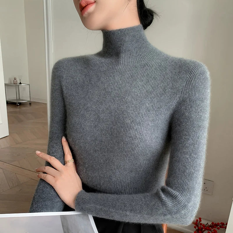 Damen Rollkragen-Basics Kaschmirpullover Herbst Winter Pullover 100% Merinowolle Strickwaren Damen Weicher schmaler Strick Neuer Top