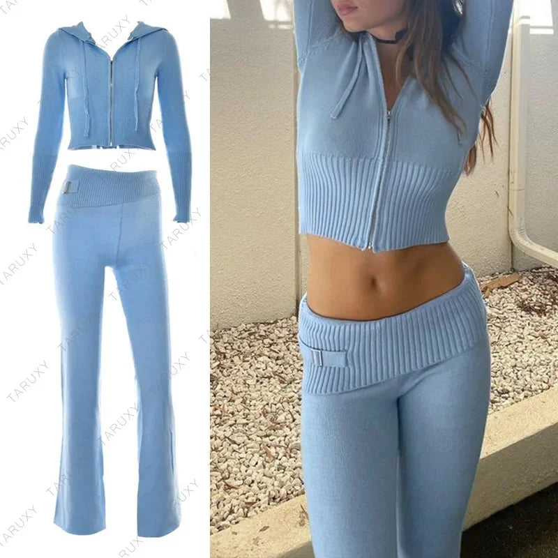 TARUXY Women Spring Outfits Casual Zipper Sweater Hoodie Set High Waist Flare Pants Suits Pink Knitted Womens Y2k Two Piece Set