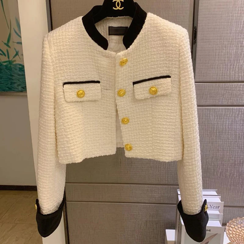 Fashion Stitching Tweed Short Jacket Women Autumn Winter Elegant Office Lady Coat Y2K Korean O Neck Single Breasted Crop Outwear