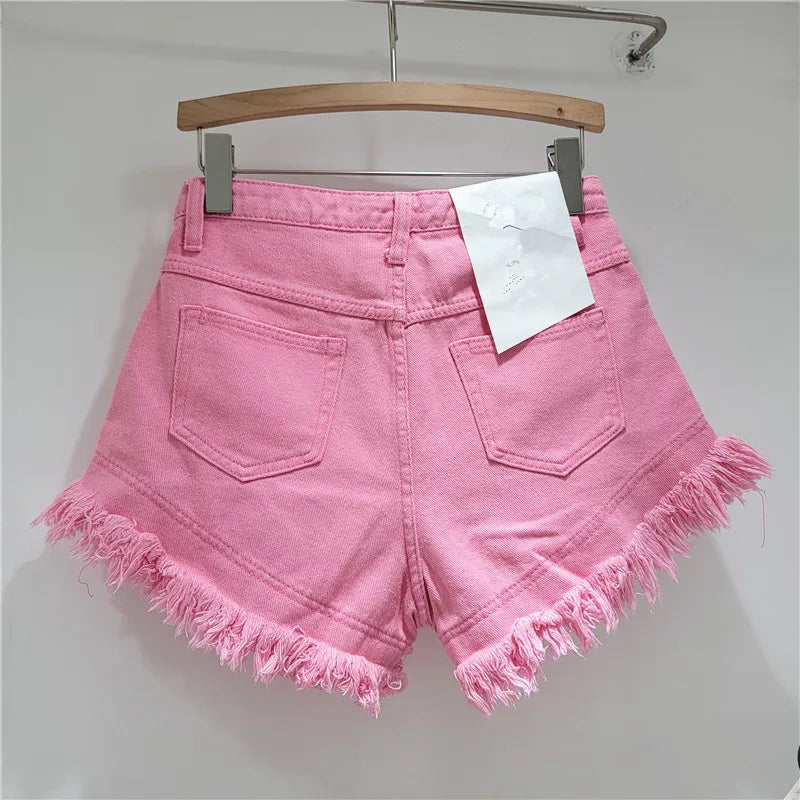 Raw Denim Shorts Women's Jeans New High-waisted Tassel Design A-line Wide-leg Hot Pants Booty Shorts