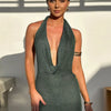 Knit Sequin Halter Mini Dress Women Sexy Deep V-neck Sleeveless Backless Hip Package Party Evening Dresses Chic Ladies Beachwear
