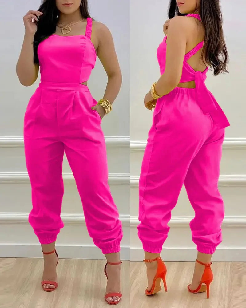 Eleganter Damen Overall 2024 Sommer Mode Träger Hohl Sexy Off-Taille Bedruckter Jumpsuit