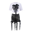 CM.YAYA Women's Set Bow O-Neck short sleeve Tops and lace Shorts Suits Streetwear Casual Two 2 Piece Outfits Tracksuits Summer