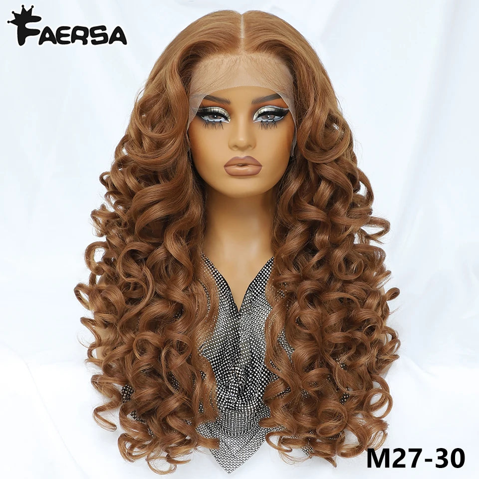 Latisha 13X6 HD Synthetische Spitzenfrontperücke lockig vorgezupfte Lace-Frontal-Perücke mit Pony für Damen, Highlights mit Babyhaar, 24 Zoll