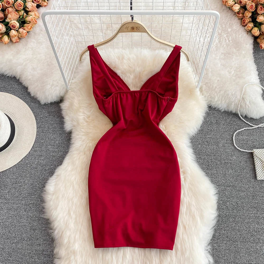 Fashion Bodycon Sexy V-neck Low Cut Mini Short Work Dress Women Backless Irregular Sleeveless Short Hip Wrap Vest Dress OL Red
