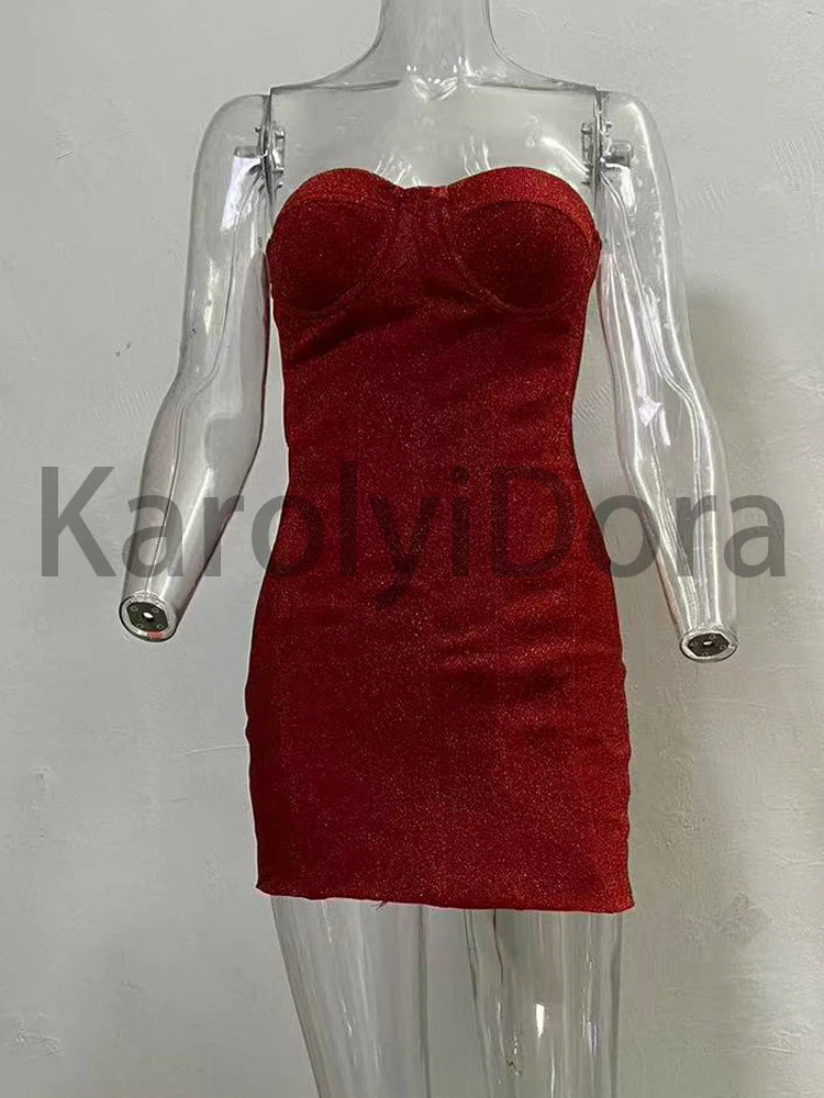 Sexy Strapless Bright Silk Lace-up Mini Dress Women Red Black Sleeveless Backelss Bodycon Dresses Evening Party Cocktail Gowns
