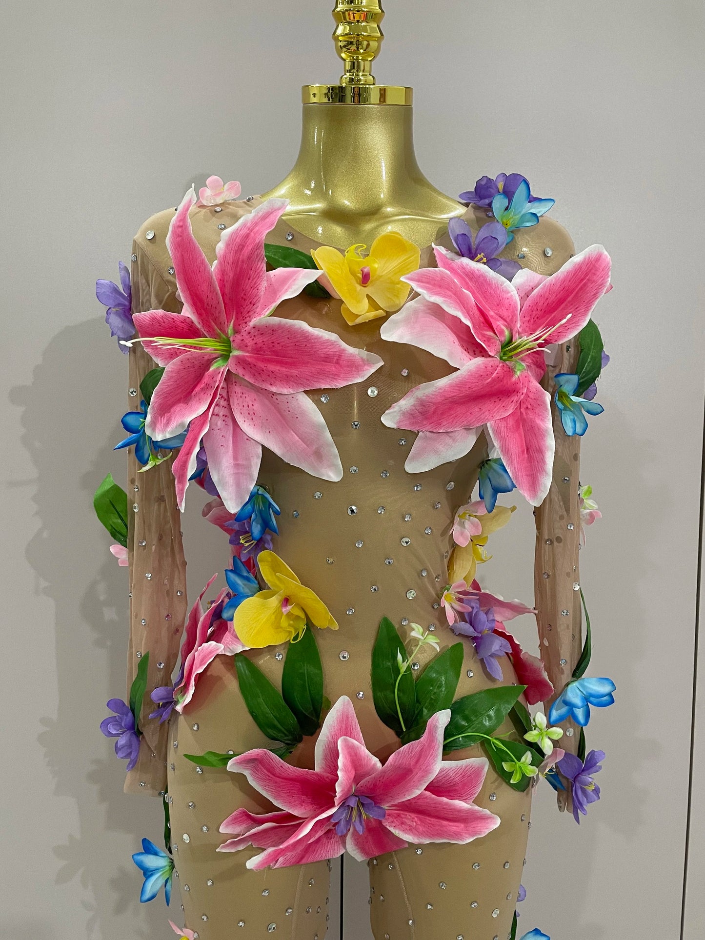 2025Sparkly Rhinestones 3D Flower Nude Mesh Transparent Jumpsut Women Evening Party Birthday Nightclub Performance Stage Costume