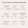 17 Piece Nonstick Skillet and Saucepan Set with Silicone Lid and Utensils Induction, Detachable Handle, Oven Available, Beige
