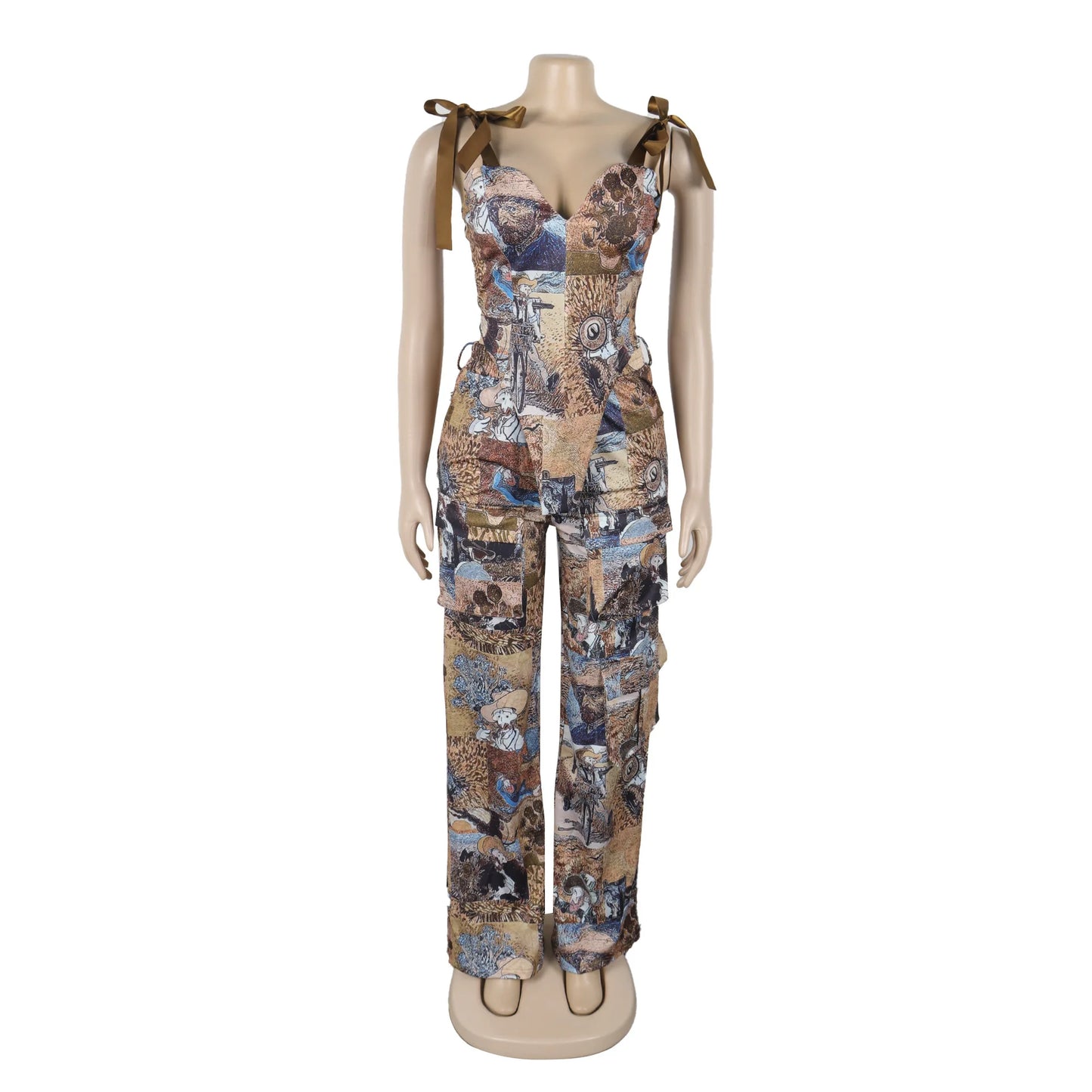 Two Pieces Women Pant Sets Print Matching Set Drawstring Pockets Sleeveless Top Elastic Waist Pants Slim Fit Casual 2026 Spring