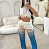 Gradient Color Crochet Two Piece Set for Women Summer Beach Crop Top and Wide Leg Pants Tassel Hollow Out Hole Vacation Outfits