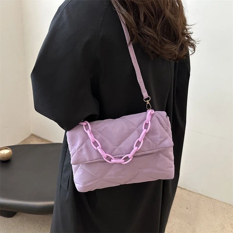 Acryl-Ketten-Umhängetaschen, quadratisch, lässig, Klappe, Damen-Pendeltaschen, gesteppt, All-Match, Winter, große Kapazität für Mädchen zum Einkaufen