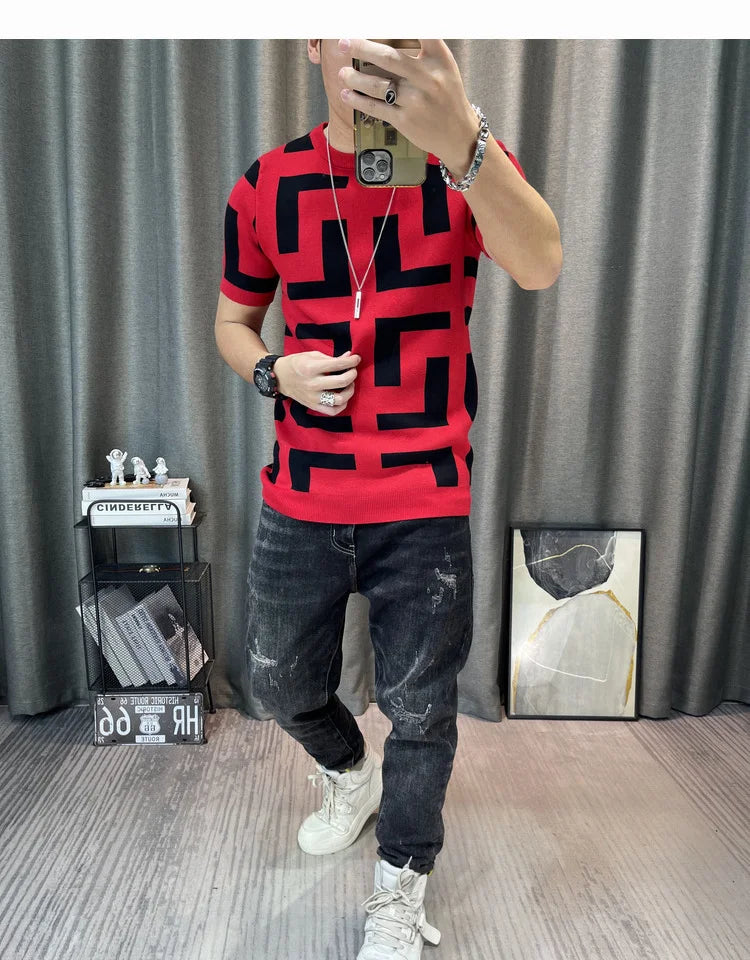 Luxury Men Autumn Knitted Tshirt 2024 Korean O-neck Short Sleeve Top Tees Streetwear Male Social Club Slim Fit Casual T-Shirt
