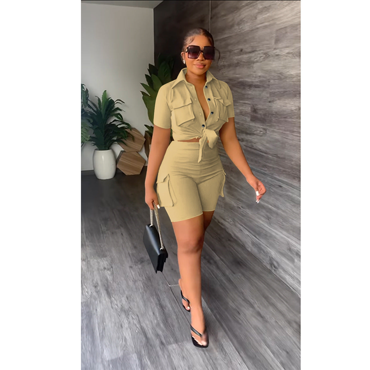 CM.YAYA INS Women's Set Short Sleeve Pocket Front Shirt and Pocket Side Shorts Suit 2023 Cargo Two 2 Piece Set Outfit Tracksuits