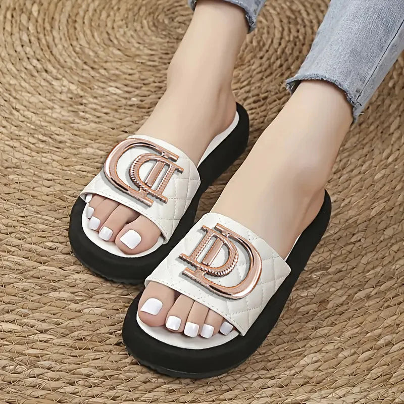 Women's Diamond Grid Luxury Decor Flat Sandals Charm Design Open-toe Vacation Casual Slides Party Elegant Office-Ladies Shoes