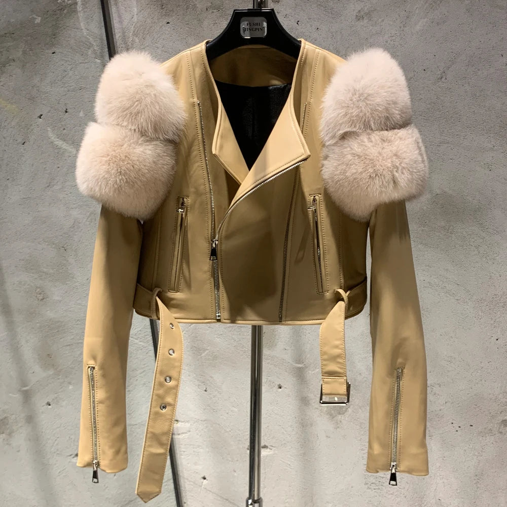 GO BALLISTIC YA Women Leather Jacket With Fur Sleeve Fashion Ladies Crop Jacket