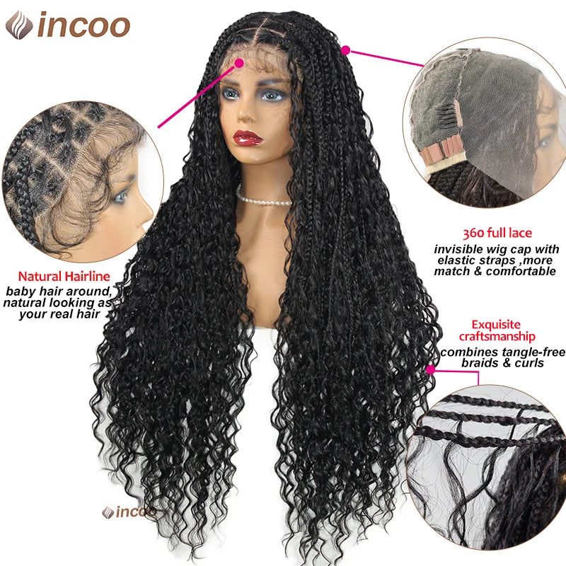Boho Box Braided Wigs, gelocktes Kunsthaar, volle Lace-Front-Perücken für schwarze Frauen, Goddess Locs Braid Wig, Bohemian Box Braid Wig