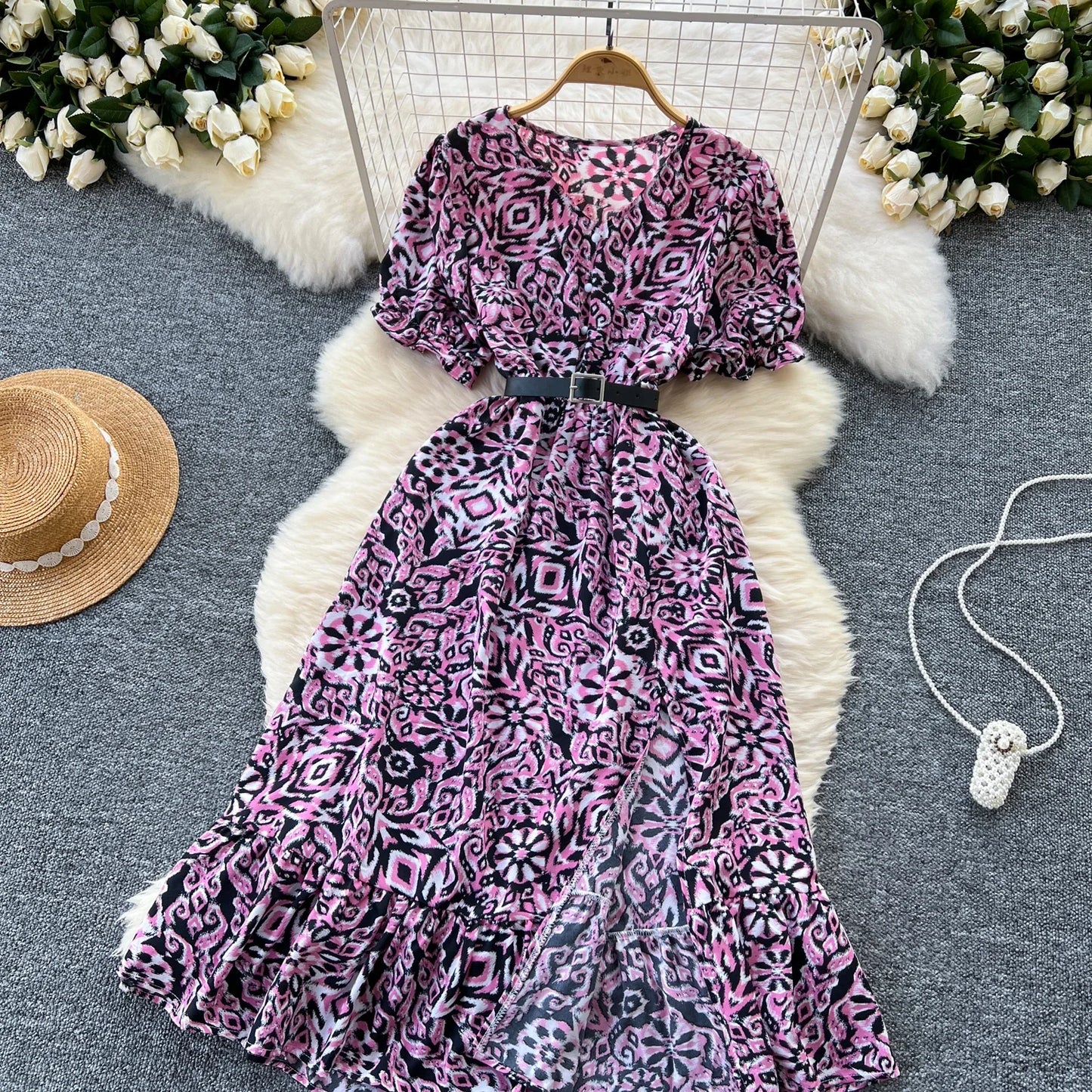 Sommer Plissiert Damen Knopfkleider Lässige Strandurlaub Kurzarm V-Ausschnitt Damen Midikleid Böhmische Mujer Vestidos