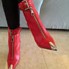 Gürtelschnalle Reißverschluss vorne Modenschau Stiefeletten Damen Herbst Winter Neu Spitz Metallverzierung Rote High Heels Ankle Boots