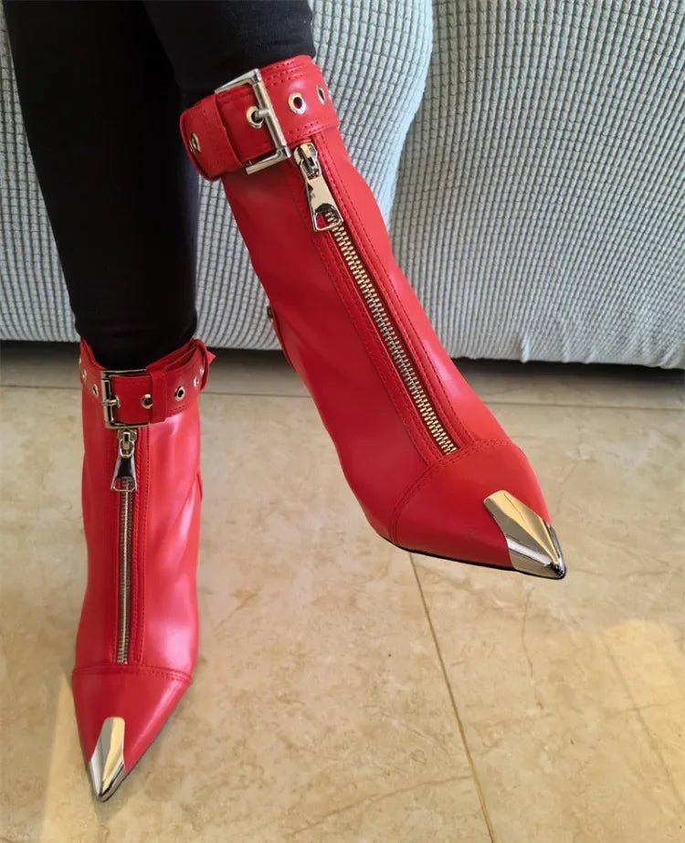 Gürtelschnalle Reißverschluss vorne Modenschau Stiefeletten Damen Herbst Winter Neu Spitz Metallverzierung Rote High Heels Ankle Boots