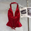 DEAT 2026 Summer New Sexy Hot Girl V-neck Backless Bandage Bowknot Fishbone Halter Top Red Mini Skirt For Women 11B1198