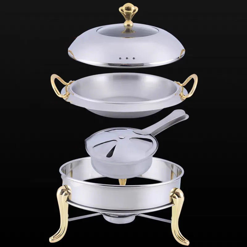 Speisenwärmer aus Edelstahl, rund, langlebiger Rahmen mit Deckel, Brennstoffhalter, Kochgeschirr-Set