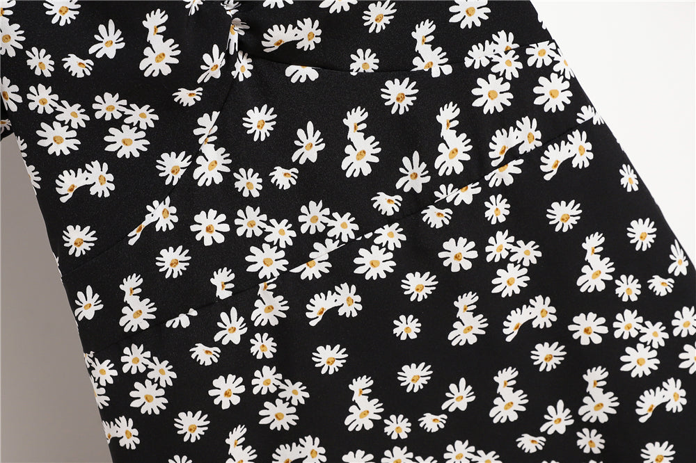 Damen Minikleider Sommer Mode Damenkleider Bedruckte Chiffonkleider mit Blumenmuster, gerafft, plissiert, kurze Puffärmel, Freizeitkleid