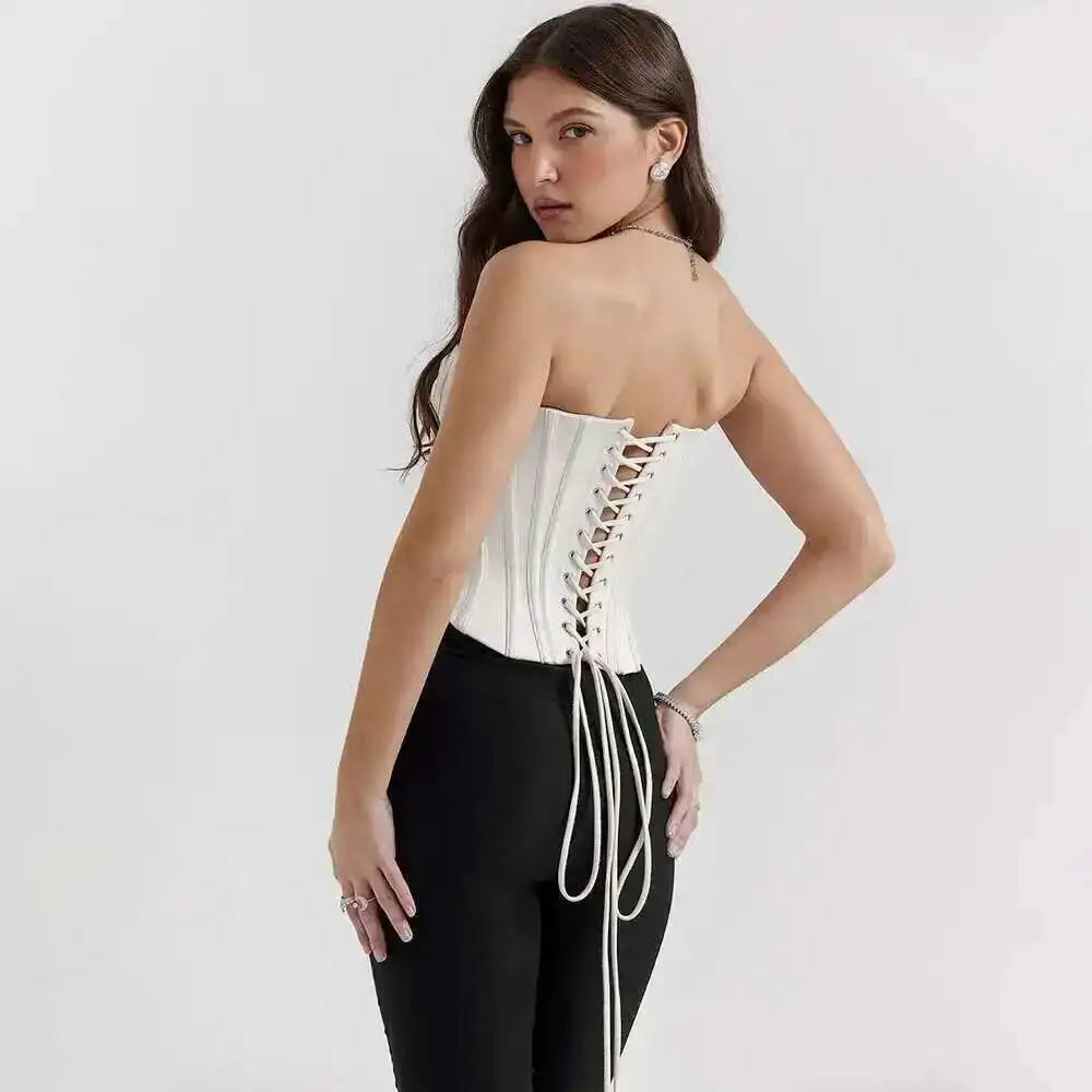 Giyu Sexy Camis Bandage Lace Up Corset Crop Tops Women 2025 Summer Elegant White Camisole Off Shoulder Backless Blusas Femme
