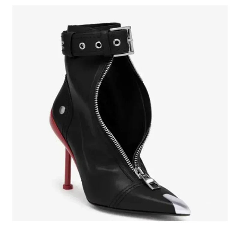 Gürtelschnalle Reißverschluss vorne Modenschau Stiefeletten Damen Herbst Winter Neu Spitz Metallverzierung Rote High Heels Ankle Boots