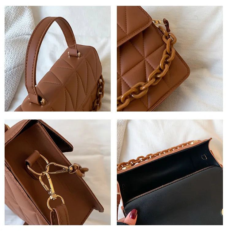 Solid Plaid Crossbody Bags For Women, Chain Decor Fashion Shoulder Bag Ladies Handbag For Daily Used