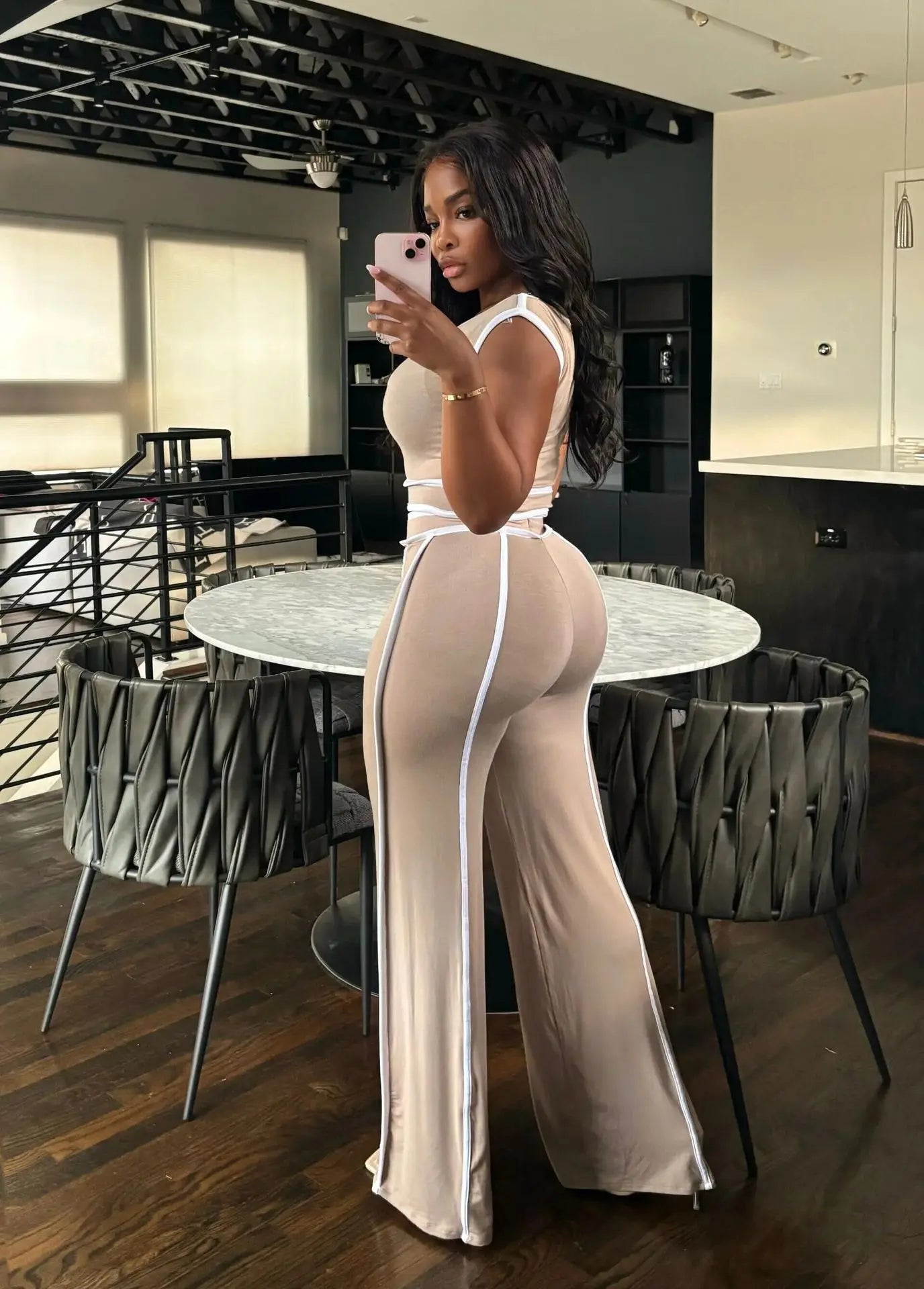Casual Women's Solid Color Set with Diagonal Shoulders and Wide Legs, Two Piece Set, Summer 2025