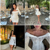 Mozision Blumen-Spitzen-Off-Shoulder Maxikleid für Damen, weiß, trägerlos, rückenfrei, langärmlig, Bodycon, Club, Party, sexy langes Kleid