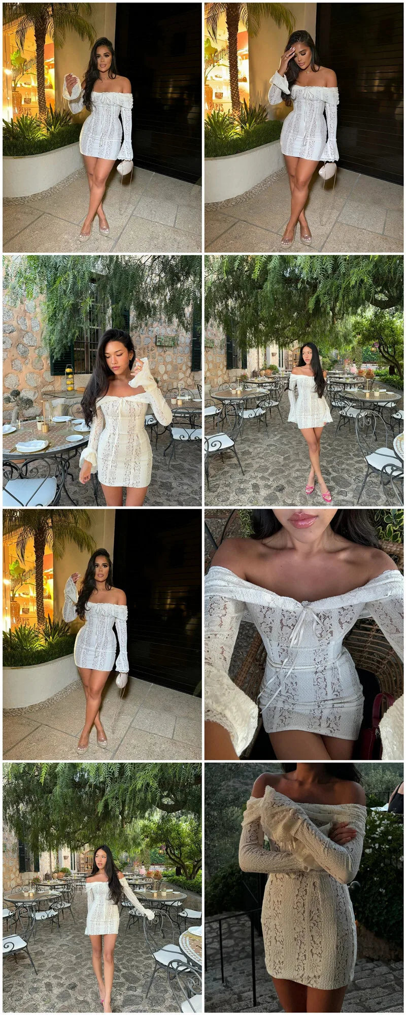 Mozision Blumen-Spitzen-Off-Shoulder Maxikleid für Damen, weiß, trägerlos, rückenfrei, langärmlig, Bodycon, Club, Party, sexy langes Kleid