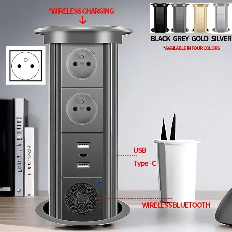 Motorized Lifting Pop Up Tower Power Outlet Hidden Mounted Kitchen Worktop USB Type C Socket with Speaker Wireless Charging