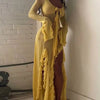 Sommerliches, figurbetontes, durchsichtiges, sexy Hot-Girl-Kleid, elegantes, einfarbiges V-Ausschnitt-Kleid mit Trägern, langen Ärmeln, Rüschen, Schlitz und langem Rock