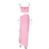 Hugcitar Fashion 2 Pcs Sets Strapless Tie Flower Draped Sexy Crop Tank Top Slit Tassel Maxi Skirt Women Outfit Festival Party