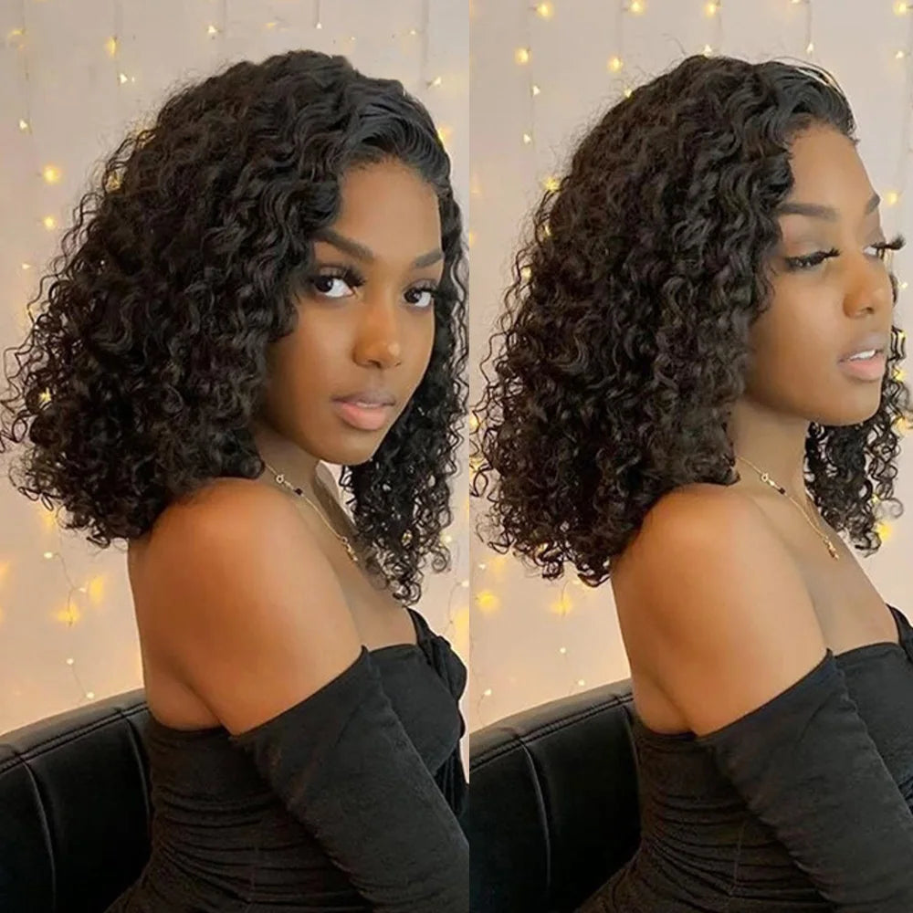 Deep Curly Short Bob Wig Human Hair 180 Density 13x4 Lace Front Wigs for Women Pre Plucked Deep Wave T Lace Wigs Natural Black
