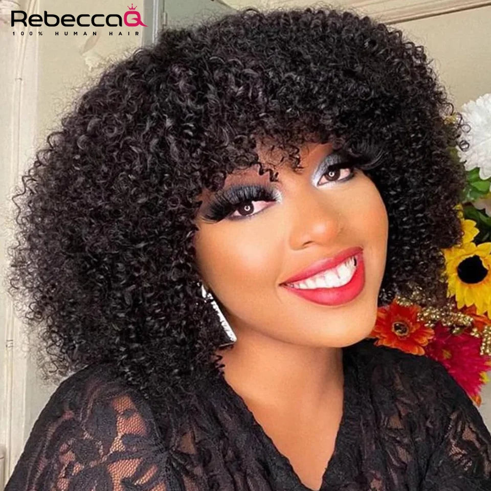 250D Braun Afro Kinky Curly Echthaarperücken mit Pony Zum Tragen Glueless Perücke Remy Brasilianische Kurze Lockige Echthaarperücke