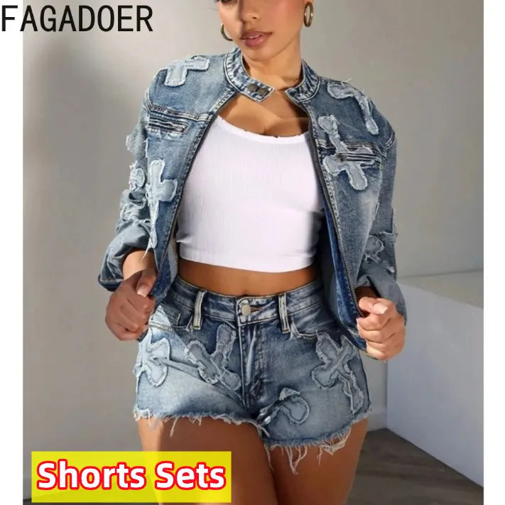 FAGADOER Fashion Denim Embroidery Shorts Two Piece Sets Women Zipper Long Sleeve Coat And Shorts Outfits Female Cowboy 2pcs Suit