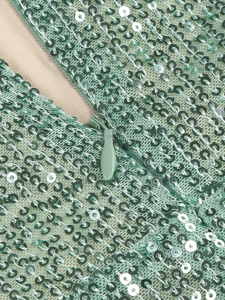 Sexy Neckholder Maxikleid mit tiefem V-Ausschnitt, Pailletten, Damen, Grün, Ärmellos, Rückenfrei, Pailletten, Schlankes langes Kleid, Celebrity Partykleider